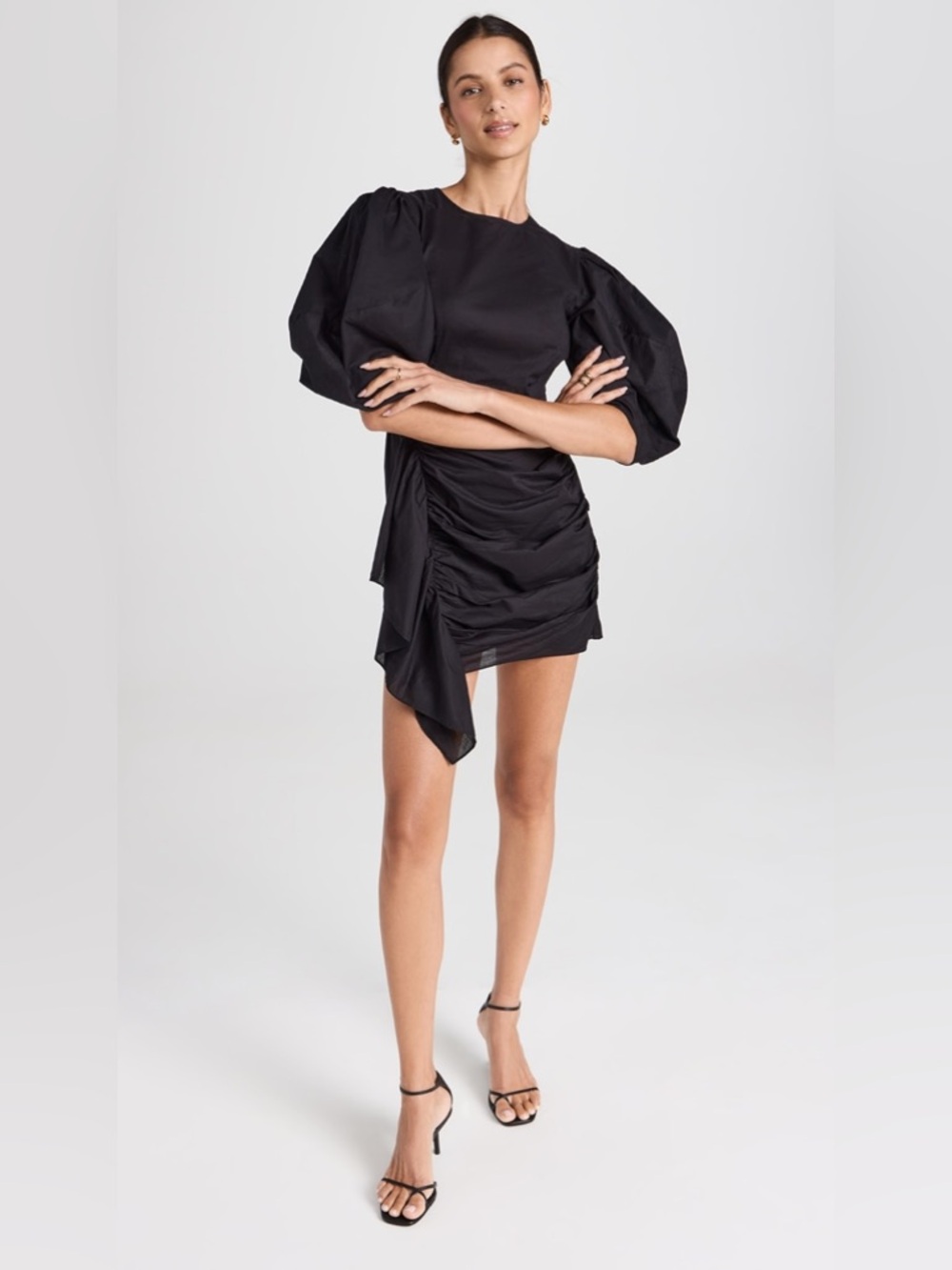 RHODE 100% Cotton Black Puff-Sleeve Ruched‎ Asymmetric Mini Dress